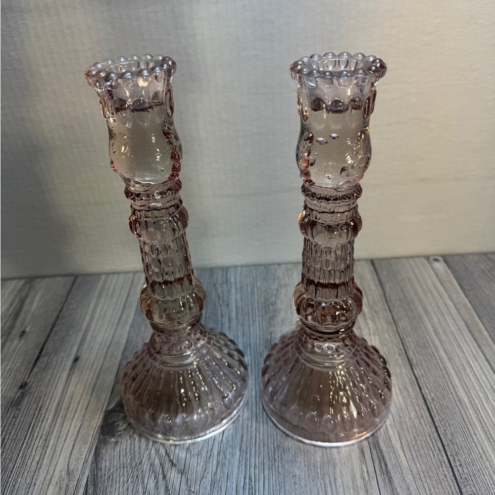 Vintage Pair Of Ornate Pressed Glass Pink Violet Decorative Candle Holders